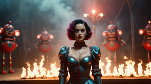 (((sexy cyberpunk android Katy Perry stands on a futuristic circus stage with robot clowns animatronics with fire torches))), ((vintage dystopian cyberpunk futuristic glowing circus background)), ((lighting dust particles)), horror movie scene, best quality, masterpiece, (photorealistic:1.4), 8k uhd, dslr, masterpiece photoshoot, (in the style of Hans Heysen and Carne Griffiths),shot on Canon EOS 5D Mark IV DSLR, 85mm lens, long exposure time, f/8, ISO 100, shutter speed 1/125, award winning photograph, facing camera, perfect contrast,cinematic style