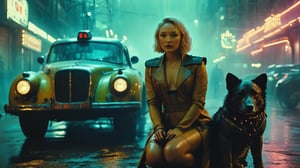 (((medium shot of beautiful noir cyborg Pom Klementieff sitting on the ground with huge mechanical dog pet))), ((night dystopian cyberpunk street in fog with led neon lights)), heavy rain, ((futuristic taxi car nearby)), ((vintage neon noir style)), high detail, 8k, masterpiece, realistic photo, sci-fi, fantastical, intricate detail, complementary colors, sci-fi concept art, (in the style of Hans Heysen and Carne Griffiths), (Neil Blomkamp style), shot on Canon EOS 5D Mark IV DSLR, 85mm lens, long exposure time, f/8, ISO 100, shutter speed 1/125, award winning photograph, facing camera, perfect contrast, cinematic style