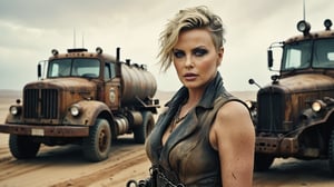 (((medium shot of vintage Charlize Theron as character from "Mad Max" movie stands next to a steampunk fuel tanker truck hung with chains, barbed wire and different blades))), (dressed in vintage steampunk rags), ((vintage desert dunes background)), high detail, 8k, masterpiece, realistic photo, sci-fi, fantastical, intricate detail, complementary colors, (in the style of Hans Heysen and Carne Griffiths), shot on Canon EOS 5D Mark IV DSLR, 85mm lens, long exposure time, f/8, ISO 100, shutter speed 1/125, award winning photograph, facing camera, perfect contrast, cinematic style, Vintage World,VTWXL