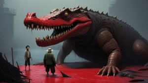 (dark fantasy movie scene), (((ugly mutated an old fisherman pulls out a mutant crocodile with his nets))), ((old river pier background)), dark fantasy, dark color scheme, hyper realistic, red paint scattered, black paint scattered, raw, cinematic, photorealism, 8k, intricately detailed, award winning, acrylic palette knife, style of makoto shinkai studio, james gilleard, greg rutkowski, chiho aoshima,darkart,more detail XL,potma style