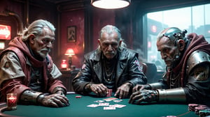 (((Three old dirty mechanical grandfathers with mechanical body parts playing poker at a poker table))), ((dystopian space casino atmosphere)), ((dystopian neon smoky room in smoke background)), ((Retrofuturism)), ((lighting dust particles)), horror movie scene, best quality, masterpiece, (photorealistic:1.4), 8k uhd, dslr, masterpiece photoshoot, (in the style of Hans Heysen and Carne Griffiths),shot on Canon EOS 5D Mark IV DSLR, 85mm lens, long exposure time, f/8, ISO 100, shutter speed 1/125, award winning photograph, facing camera, perfect contrast,zavy-cbrpnk,cinematic style