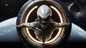 (((a huge H.R. Giger glossy black Alien Xenomorph flies out into outer space through a huge broken porthole)), (((full body side view))), ((dystopian dark space cabin background)), ((Retrofuturism)), ((lighting dust particles)), horror movie scene, best quality, masterpiece, (photorealistic:1.4), 8k uhd, dslr, masterpiece photoshoot, (in the style of Hans Heysen and Carne Griffiths),shot on Canon EOS 5D Mark IV DSLR, 85mm lens, long exposure time, f/8, ISO 100, shutter speed 1/125, award winning photograph, facing camera, perfect contrast,GHTEN,cinematic style