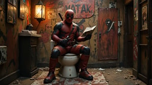 Deadpool character sitting on a toilet, holding a magazine, small dirty toilet cabin, indoors lighting, graffitis on walls, front view, cinematic shot, ultra sharp, photorealistic, professional, 4k, highly detailed, film grain, Deadpool character, bokeh, tacky, blinkenlights, glamour, kitsch, flux-style, AND, inspired, fine artistic composition, highly complex, movie still, masterpiece