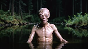 1981 analog photo of a half body gray type alien space traveller sitting in a lake in a lush Oregon valley forest at night after a long journey through deep space, gorgeous alien, arrogant face, angry, fatigued, bitter, mature, closed mouth, closed lips, big eyes, glass cranium with visible illuminated brain, glossy glass material suit, bald, FujiFilm, Zeiss lens, (film grain), 8k, cinematic moviemaker style,dark,chiaroscuro,low-key,photorealistic,analog