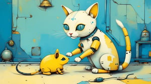 a whimsical art design, ((close-up image of a beautiful robot cat touches a robot mouse with its paw)), (clean yellow and blue main colors), cozy room background, creative illustration, conceptual art, dadaism