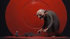 (close-up shot of dark fantasy movie scene), (((ugly Horrible creepy screaming mad old man place large doll on the tabletop of an old vertical circle saw disc))), (huge rusty vertical circle saw disc), ((creepy dark background)), dark fantasy, dark color scheme, hyper realistic, red paint scattered, black paint scattered, raw, cinematic, photorealism, 8k, intricately detailed, award winning, acrylic palette knife, style of makoto shinkai studio, james gilleard, greg rutkowski, chiho aoshima,darkart,more detail XL,potma style