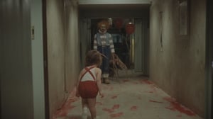 cinematic close-up vintage shot film still, a cinematic motion picture film, artistic creative color photography style, Kodak color film style, cinemascope, film grain, real creepy horror scene, (A baby in rompers crawls along an old corridor. At the end of the corridor stands a very scary crooked clown with long limbs with balloons. The floor of the corridor is strewn with red footprints.) 1980s horror.