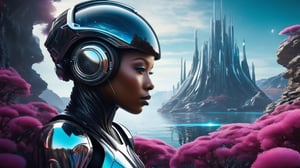 A captivating realistic RAW photo featuring a sci-fi black woman. She's dressed in a tight, futuristic suit with a vibrant silver hue, reminiscent of the 1990s sci-fi aesthetics. Her head is adorned with a space helmet from that era, complete with a retro-futuristic design. Surround her with an anime-inspired world of fantastic surrealism. Picture a post-apocalyptic landscape, where surreal and cute elements blend seamlessly. In the background, showcase winter alien planet landscapes that are both enchanting and surreal, with vibrant colors and unique flora. This underwater helm should have a futuristic, almost biomechanical design. Render the entire scene as a stunning realistic photo, blending elements of surrealism, geomorphology. Incorporate bio-robotic art and biomechanical sculptures in the environment. The girl should be the central focus, her gaze turned toward the camera with perfect, detailed eyes. Place her against a vivid winter background, creating a beautiful and eye-catching contrast. This complex yet visually captivating illustration should merge elements of 3D vector art and the artistic style of Greg Rutkowski, resulting in a highly detailed and imaginative composition that captivates the viewer's imagination, shot with Hasselblad X1D-50c, ISO 100, f/5.6, soft source light
