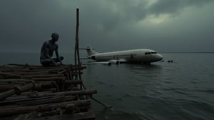 On an old, decaying river pier, a creepy humanoid creature man with a grotesque, surreal form, inspired by Zdzislaw Beksinski's style, sits in eerie solitude. The scene features a crashed Boeing plane partially submerged in the river, surrounded by rotting wood and twisted metal. The dim, ominous lighting and distorted reflections enhance the sense of dread and desolation. Photorealistic