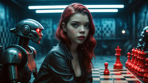 (((close-up sexy cyberpunk android Anya Taylor-Joy sitting at the huge futuristic  chess pieces with combat robots))), ((dark vintage dystopian cyberpunk blue and red led neon starship room background)), ((lighting dust particles)), horror movie scene, best quality, masterpiece, (photorealistic:1.4), 8k uhd, dslr, masterpiece photoshoot, (in the style of Hans Heysen and Carne Griffiths),shot on Canon EOS 5D Mark IV DSLR, 85mm lens, long exposure time, f/8, ISO 100, shutter speed 1/125, award winning photograph, facing camera, perfect contrast,cinematic style