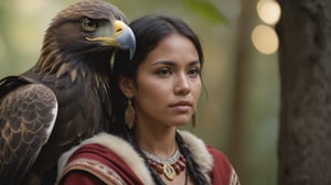 forest native of the indigenous woman Portrait, Centered portrait of a forest native woman, ((sitting at the cozy shelter with a huge eagle)), ultra realistic detail, in golden hour lighting, against a slightly blurred forest backdrop, Shot on a Fujifilm GFX 100 with a GF 32- 64mm f/4 R LM WR lens; 1/125 sec at f/8, 8k, uhd, dslr, realistic, award winning photo, cinematic lighting, full body, sharp focus, cinematic lighting