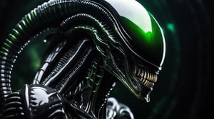 Highly detailed and hyper-realistic photo portrait of a H. R. Giger alien Xenomorph from another world with brokeh glossy black skin, broken, skin texture cracks, green acid, intricate, ultra-realistic, horror, highly detailed, concept art, smooth, sharp focus, dust particles,futuristic alien