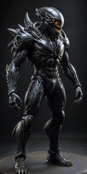 cowboy shot, ultra Realistic, (((Xenomorph from "Alien" movie))), (((full body H.R. Giger black alien Xenomorph creature animal))), (((open mouth with second jaw))), ((narrow long tail with a spike)), vibrant color palette, black glossy body, (((low jumping pose)))