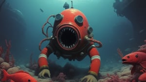 (close-up shot of dark fantasy movie scene), (((ugly Horrible screaming mutant diver sits on the seabed near an old bathyscaphe))), (a lot of mutanted fish around), ((creepy seabed background)), dark fantasy, dark color scheme, hyper realistic, red paint scattered, black paint scattered, raw, cinematic, photorealism, 8k, intricately detailed, award winning, acrylic palette knife, style of makoto shinkai studio, james gilleard, greg rutkowski, chiho aoshima,darkart,more detail XL,potma style