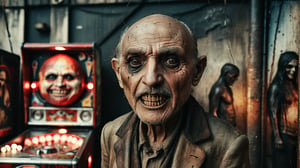 (((full body angry old man SIBITORO character with large black eye sockets, a creepy mouth with hundreds of teeth stands next to a vintage pinball electronic machine))), full body shot, ((dark dirty vintage amusement park background)), high detail, 8k, masterpiece, realistic photo, horror, ct-horror, fantastical, intricate detail, complementary colors, horror fantasy concept art, (in the style of Hans Heysen and Carne Griffiths), shot on Canon EOS 5D Mark IV DSLR, 85mm lens, long exposure time, f/8, ISO 100, shutter speed 1/125, award winning photograph, facing camera, perfect contrast,cinematic style,cibtr