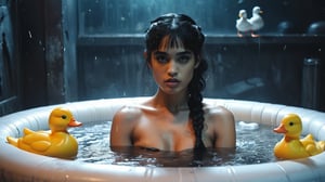(((full body sexy cyberpunk android Sofia Boutella sits shoulder-deep in a white Jacuzzi filled to the brim with white milk, with toy inflatable ducks floating nearby))), ((dark night vintage dystopian cyberpunk led neon spaceship cabin background)), full body, ((lighting dust particles)), horror movie scene, best quality, masterpiece, (photorealistic:1.4), 8k uhd, dslr, masterpiece photoshoot, (in the style of Hans Heysen and Carne Griffiths),shot on Canon EOS 5D Mark IV DSLR, 85mm lens, long exposure time, f/8, ISO 100, shutter speed 1/125, award winning photograph, facing camera, perfect contrast,cinematic style