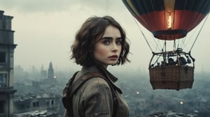 (((sexy cyberpunk android Lily Collins flies in a huge hot air balloon with a cybernetic robot eagle))), ((vintage dystopian sky over the ruined city background)), ((lighting dust particles)), horror movie scene, best quality, masterpiece, (photorealistic:1.4), 8k uhd, dslr, masterpiece photoshoot, (in the style of Hans Heysen and Carne Griffiths),shot on Canon EOS 5D Mark IV DSLR, 85mm lens, long exposure time, f/8, ISO 100, shutter speed 1/125, award winning photograph, facing camera, perfect contrast,cinematic style