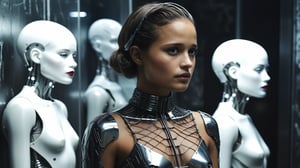 (((vintage sci-fi Alicia Vikander as "Ex machina" movie character standing at the white robotic mannequins))), (dressed in a metal wire carbon bodysuit), (very short haircut), ((vintage sci-fi dark glossy neon room background)), high detail, 8k, masterpiece, realistic photo, sci-fi, fantastical, intricate detail, complementary colors, (in the style of Hans Heysen and Carne Griffiths), shot on Canon EOS 5D Mark IV DSLR, 85mm lens, long exposure time, f/8, ISO 100, shutter speed 1/125, award winning photograph, facing camera, perfect contrast, cinematic style, Vintage World,VTWXL