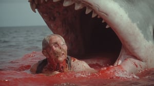 cinematic close-up shot film still, a cinematic motion picture film, artistic creative color photography style, Kodak color film style, cinemascope, film grain, vintage scene, (a battered screaming old man trying to get out of the giantic huge jaws of a giantic white shark, the water around them is red.)