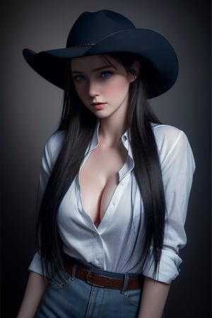 Best quality, masterpiece, ultra high res, (photorealistic:1.37), raw photo, 1girl, long hair, blue eyes,  detailed eyes and face, white shirt, dynamic lighting, in the dark, deep shadow, low key, cowboy shot
