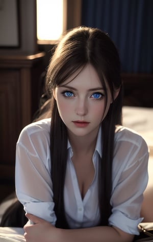 Best quality, masterpiece, ultra high res, (photorealistic:1.37), raw photo, 1girl, long hair, blue eyes,  detailed eyes and face, white shirt, dynamic lighting, in the dark, deep shadow, low key, cowboy shot
