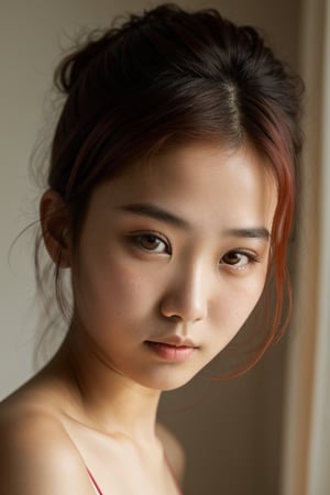 (8k, RAW photo, highest quality), beautiful 15 years old asian girl, close up, thin top, (red hair, detailed eyes:1.1), (looking at the camera:1.4), (highest quality), (best shadow), intricate details, dark studio, muted colors,