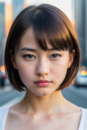(((hyper realistic face))),(((extreme realistic skin detail))), (face with detailed shadows) (masterpiece, highest quality), (realistic, photo_realistic:1.9), ((Photoshoot), (((hyper realistic face))), (((extreme realistic skin detail))), (a 15 year old Japan Europe girl with short hair), attractive, (((full body))), with blue eyes, (((small breasts))), modern, with a modern design, on a street in a modern city with tall buildings, during sunset. Medium shot, Using a full-frame camera. Warm color film (ISO 200) to enhance the warm tones of the sunset and buildings. Macro lens to capture fine details. Natural side lighting, sharp focus, 8k, UHD, high quality, frowning, intricate detailed, highly detailed, hyper-realistic.