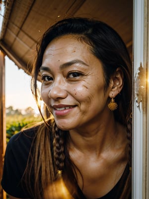 1girl, Indonesian woman, very long hair in dread locks, medium perky, collared_blouse, focused look on her face, detailed skin, low key,masterpiece, best quality,photorealistic, raw photo, Realism, kneeling insdie a in_door garden with an extramely detailed set of plants in the background golden sunlight relfecting in of her eyes and face highlighting her shotly aging face of a (35 y.o) well used to a hard days work yet alway knowing the value of a good laugh with dust particals in the air cought by the light of the setting sun during golden hour