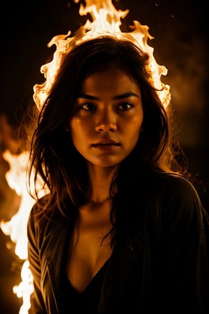 a Women engulfed in flames,  pour thunder on his head, perfect face, reaslistic skins, moody, epic, gorgeous, film grain, grainy, Indonesian Women