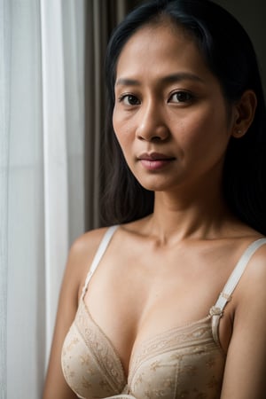 Portrait of a kartini, 35 years old women, Shot on Sony A1 with Sony 50mm f/1.2 GM lens, natural light, low key, natural colors, film style, Kodak film, film look, high resolution, photo, photographic, hyper realistic, photorealistic, highly detailed, bra. 