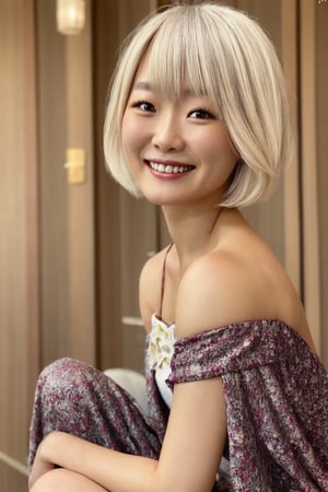 Realistic Photography, Portrait Beautiful Japanese Female, big smile, short white hair,
,Masterpiece,1girl