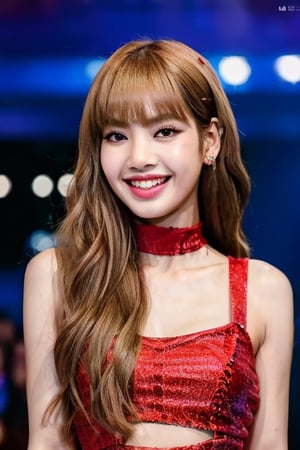 (close-up portrait:1.3) of Lisa Blackpink, smiling, (red inidress:1.3), kpop Idol, contrapposto, best quality, ultra high res, (photorealistic:1.3), 1girl, small breasts, (in a nighclub:1.3), Masterpiece