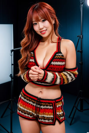 cuteadorable nubile beautiful 36 year old japanesel woman with and knitted colour full sweater with naked shoulders and wide midriff, shorts, long red hair, cute pose, photo studio,, i natt glamour photography, 8 k cinematic lighting photography, beautiful lightness, 35-mm lens, f/2.8,ISO 3200, award –   winning photo,enhanc3d,Masterpiece,1girl