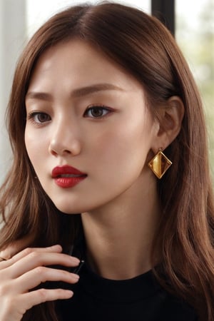 igirl, beautiful Korean woman, close up, portrait, black choker, looking slightly away from camera,  dimly lit, sitting in a room by a window, bathed in golden sunlight, dark walls, stud earrings, women's watch,  best quality, amazing quality, very aesthetic, (petite), ((small breasts)), insanely detailed eyes, insanely detailed face, insanely detaled lips, insanely detailed hands, insanely detailed hair,  insanely detailed skin, long light brown hair, brown eyes, red lipstick