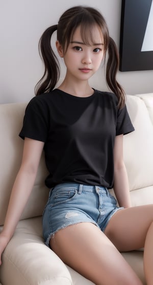 1girl, very cute japanese 14 year old girl, dark brown eyes, detailed eyes, detailed iris, detailed face, brown hair color, beautiful hair, pig_tails,  (looking at viewer), break, three-quarters view, lounging on a white minimalistic sofa, with a white wall with cubist paintings in background, wearing jean shorts and a black t-shirt with no text, legs spread, break, Channel an cute and sexy look, creating a dramatic and captivating silhouette, (photorealistic), hyperealistic shadows, | shimmering lake background, bokeh, depth of field, | 3DMM,Masterpiece,yuimetal