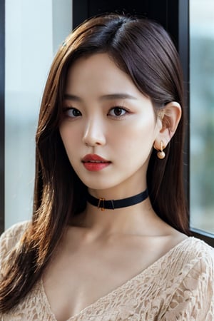 igirl, beautiful Korean woman, close up, portrait, black choker, looking slightly away from camera,  dimly lit, sitting in a room by a window, bathed in golden sunlight, dark walls, stud earrings, women's watch,  best quality, amazing quality, very aesthetic, (petite), ((small breasts)), insanely detailed eyes, insanely detailed face, insanely detaled lips, insanely detailed hands, insanely detailed hair,  insanely detailed skin, long light brown hair, brown eyes, red lipstick