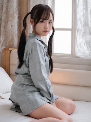 a Japanese girl sitting on top of a bed next to a window, long pigtail, pigtail, pigtails, pigtails hairstyle, with black pigtails, short pigtails hair, two pigtails hairstyle, colorful pigtail, beautiful young woman, hair in pigtails, twintails, pigtail braids, gorgeous young woman, ulzzang,Masterpiece