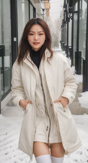 1girl, beautiful chinese woman, above the knee, dark brown eyes, detailed eyes, detailed iris, detailed face, dark brown hair color, beautiful hair, (looking at viewer), wearing white heavy winter jacket, (photorealistic), hyperealistic shadows, | snowy day, bokeh, depth of field, | 3DMM,Masterpiece