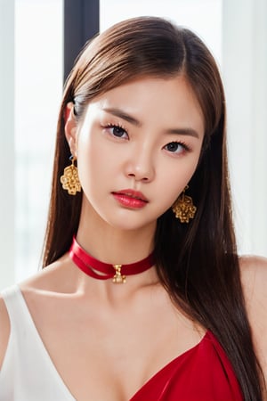 igirl, beautiful Korean woman, close up, portrait, black choker, looking slightly away from camera,  dimly lit, sitting in a room by a window, bathed in golden sunlight, dark walls, stud earrings, women's watch,  best quality, amazing quality, very aesthetic, (petite), ((small breasts)), insanely detailed eyes, insanely detailed face, insanely detaled lips, insanely detailed hands, insanely detailed hair,  insanely detailed skin, brown eyes, brown hair, red lipstick