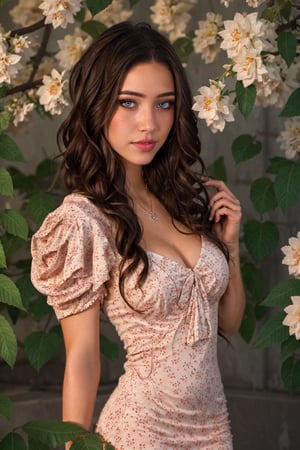 (masterpiece, top quality, best quality, official art, beautiful and aesthetic:1.2), hdr, high contrast, 1girl, beautiful woman, looking at viewer, relaxing expression, brown hair, soft make up, ombre lips, finger detailed, perfect hands, BREAK wearing a couture garden party dress in pastel hues, the intricate floral patterns matching the vibrant blooms around her. Place her in an enchanting botanical garden, exuding sophistication.((upper body)), BREAK frosty, ambient lighting, extreme detailed, cinematic shot, realistic ilustration, (soothing tones:1.3), (hyperdetailed:1.2),Masterpiece