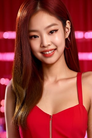 (close-up portrait:1.3) of Jennie Blackpink, smiling, (red inidress:1.3), kpop Idol, contrapposto, best quality, ultra high res, (photorealistic:1.3), 1girl, small breasts, (in a nighclub:1.3), Masterpiece