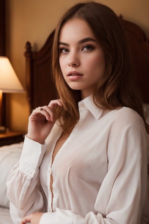 (masterpiece, top quality, best quality, official art, beautiful and aesthetic:1.2), hdr, high contrast, 1girl, innocent woman, looking at viewer, relaxing expression, brown hair, soft make up, ombre lips, finger detailed, perfect hands, BREAK wearing an unbuttoned long men's dress shirt with sleeves rolled up, seductive pose, bedroom, BREAK frosty, ambient lighting, extreme detailed, cinematic shot, realistic ilustration, (soothing tones:1.3), (hyperdetailed:1.2),Masterpiece,mina