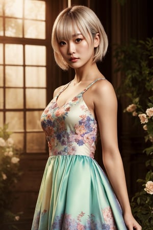 (masterpiece, top quality, best quality, official art, beautiful and aesthetic:1.2), hdr, high contrast, 1girl, beautiful Japanese woman, looking at viewer, relaxing expression, short hair, white hair, soft make up, ombre lips, finger detailed, perfect hands, BREAK wearing a couture garden party dress in pastel hues, the intricate floral patterns matching the vibrant blooms around her. Place her in an enchanting botanical garden, exuding sophistication.((upper body)), BREAK frosty, ambient lighting, extreme detailed, cinematic shot, realistic ilustration, (soothing tones:1.3), (hyperdetailed:1.2),Masterpiece