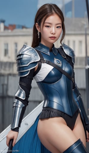 Best quality, 32k, (UHD), create photo realistic, girl focus, (close up),beautiful young korean woman, tight fit armor, black armor shoulder plates, black chest armor plates, black legs armor plates slightly revealing legs, moon, a white and blue bird_woman with wings, shallow depth of field, vignette, small breasts, highly detailed, high budget Hollywood film, bokeh, cinemascope, moody, epic, film grain,Masterpiece