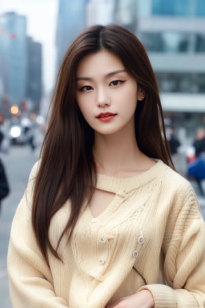 masterpiece, high-quality realistic photo, high resolution photo, high-quality, 8K, natural and soft lighting, high contrast, sharp-focus, upper-body, (detailed face:1.1), in the city,
beautiful-korean-1girl, fair smooth skin, long hair, hair blowing in the wind, dull bangs, red lips, small breasts, small earing,                                                                                    
(white sweater, jeans),Realism,Detailedface,Masterpiece