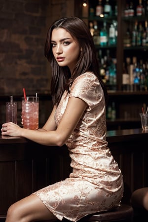 (masterpiece, top quality, best quality, official art, beautiful and aesthetic:1.2), hdr, high contrast, wideshot, 1girl, beautiful woman, looking at viewer, relaxing expression, brown hair, soft make up, ombre lips, finger detailed, BREAK wearing a cocktail dress, sitting at a bar, legs crossed, taken from the side, BREAK frosty, ambient lighting, extreme detailed, cinematic shot, realistic ilustration, (soothing tones:1.3), (hyperdetailed:1.2),Masterpiece