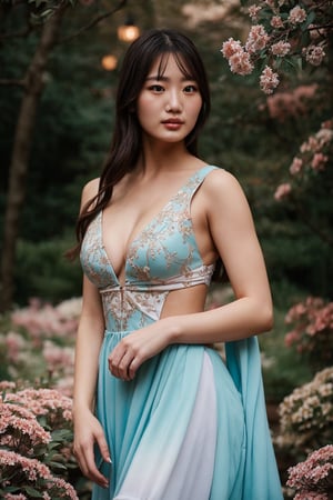 (masterpiece, top quality, best quality, official art, beautiful and aesthetic:1.2), hdr, high contrast, 1girl, beautiful Japanese woman, looking at viewer, relaxing expression, black hair, soft make up, ombre lips, finger detailed, perfect hands, BREAK wearing a couture garden party dress in pastel hues, the intricate floral patterns matching the vibrant blooms around her. Place her in an enchanting botanical garden, exuding sophistication.((upper body)), BREAK frosty, ambient lighting, extreme detailed, cinematic shot, realistic ilustration, (soothing tones:1.3), (hyperdetailed:1.2),Masterpiece