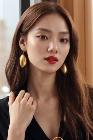 igirl, beautiful Korean woman, close up, portrait, black choker, looking slightly away from camera,  dimly lit, sitting in a room by a window, bathed in golden sunlight, dark walls, stud earrings, women's watch,  best quality, amazing quality, very aesthetic, (petite), insanely detailed eyes, insanely detailed face, insanely detaled lips, insanely detailed hands, insanely detailed hair,  insanely detailed skin, long light brown hair, brown eyes, red lipstick
