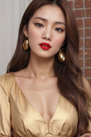 igirl, beautiful Korean woman, from the knees up, portrait, brown choker, looking slightly away from camera,  dimly lit, wearing a dark brown gown, gold earrings,  best quality, amazing quality, very aesthetic, (petite), ((small breasts)), insanely detailed eyes, insanely detailed face, insanely detaled lips, insanely detailed hands, insanely detailed hair,  insanely detailed skin, long light brown hair, brown eyes, red lipstick