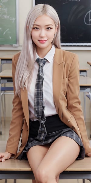 (masterpiece), (best quality),(ultra-detailed),(illustration),(extremely detailed),(perfect anatomy),(super detailed skin),(detailed),(beautiful detailed eyes),1girl, beautiful Korean girl, solo, white hair,(plaid skirt),skirt,(school uniform), (white shirt),(brown blazer:1.1),partially unbuttoned,thighhighs, (plaid necktie), sitting, (knee up:1.1),foot out of frame, eyebrows, sideways glance, light smile, school, classroom,Masterpiece